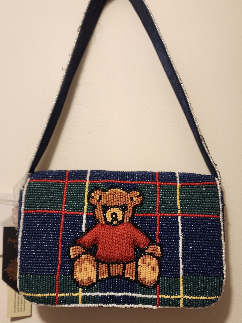 Beaded Teddy Plaid Shoulder Bag - Navy/Green